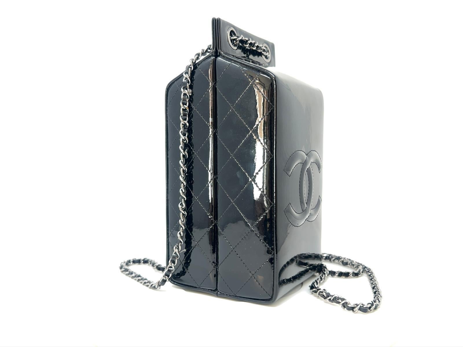 Chanel Black Patent Milk Carton Bag Silver Hardware Fall / Winter 2014 For Sale 3