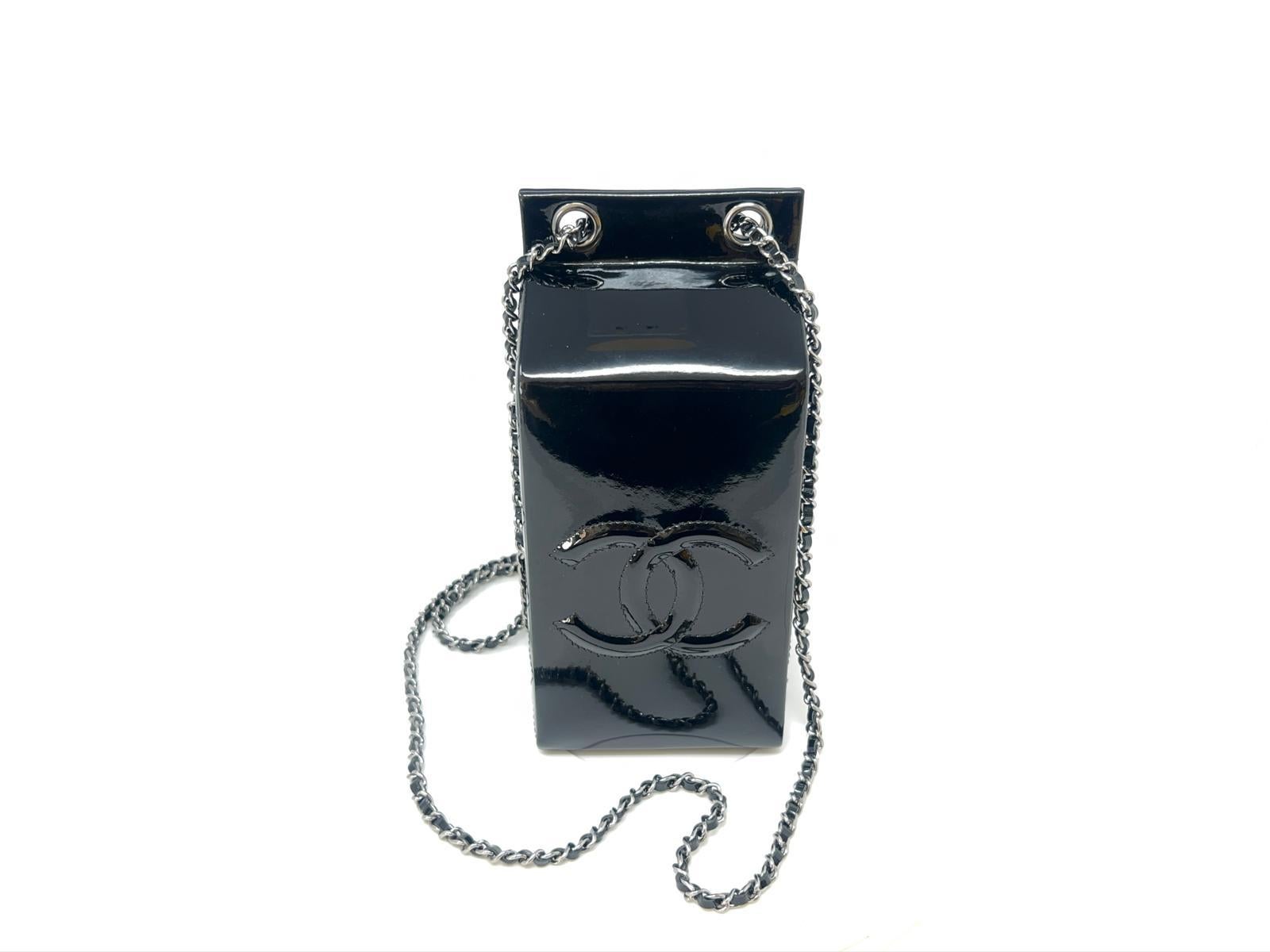 Chanel Black Patent Milk Carton Bag Silver Hardware Fall / Winter 2014 For Sale 4