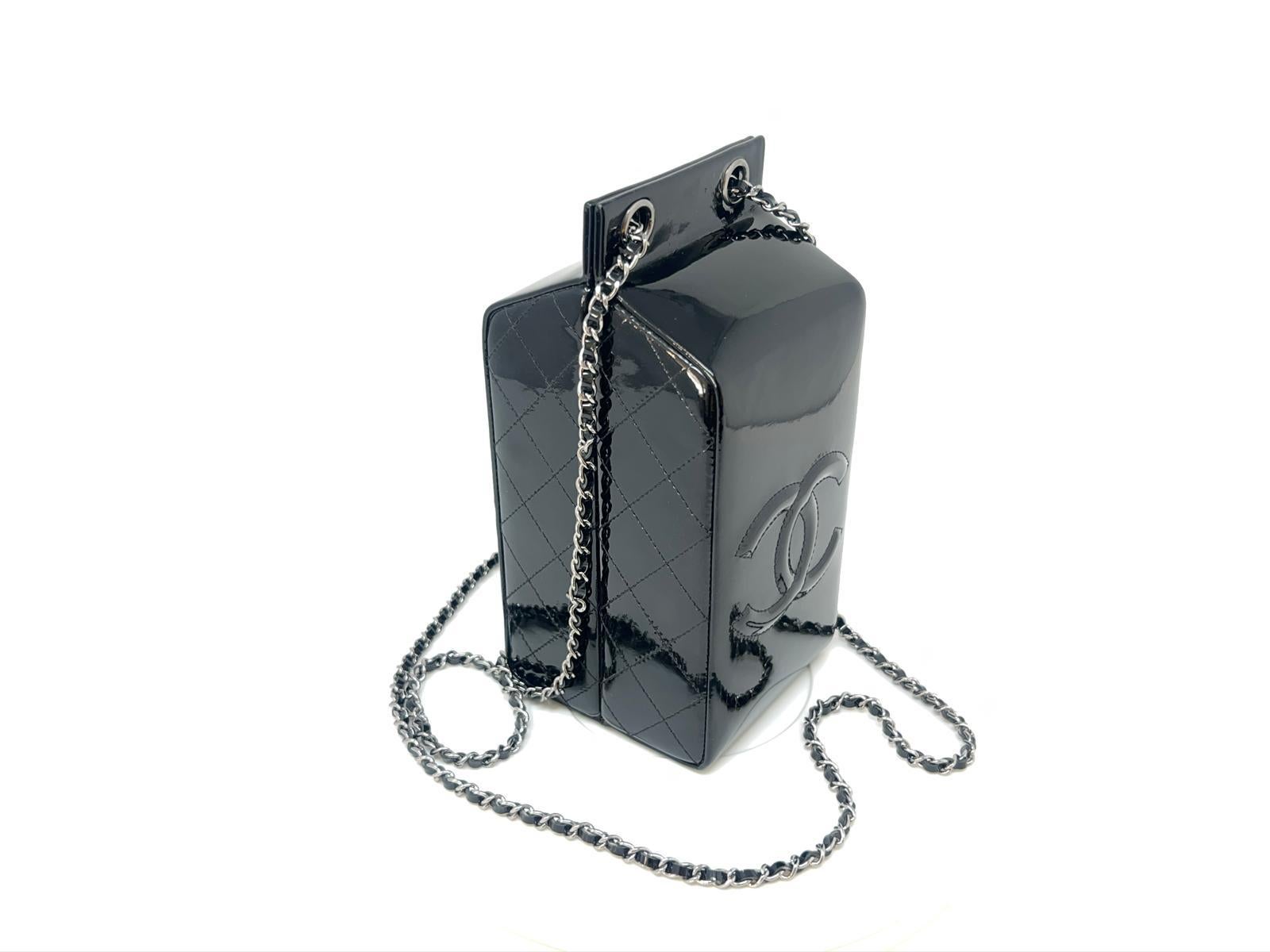 Chanel Black Patent Milk Carton Bag Silver Hardware Fall / Winter 2014 For Sale 5