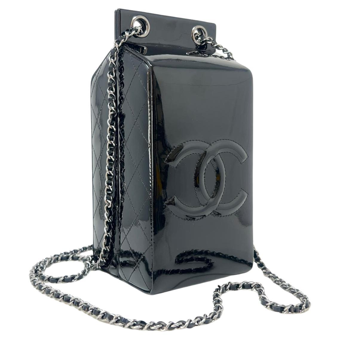 Chanel Black Patent Milk Carton Bag Silver Hardware Fall / Winter 2014 For Sale