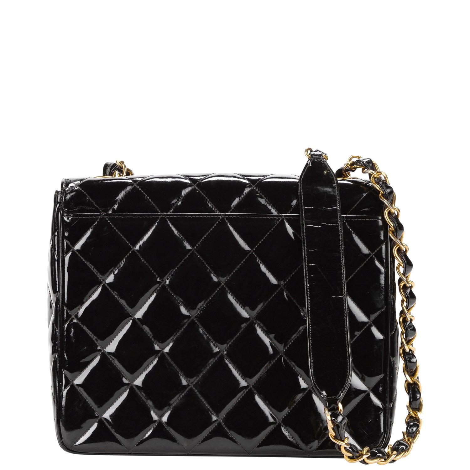 Chanel Black Patent Quilted Large CC Logo Square Flap Bag For Sale 1