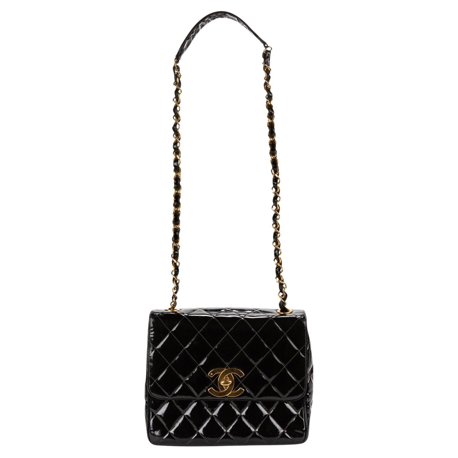 Chanel Black Patent Quilted Large CC Logo Square Flap Bag For Sale