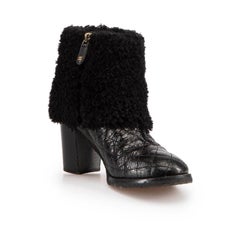 Chanel Black Patent Quilted Shearling Ankle Boots Size IT 38