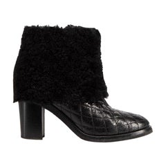 Chanel Black Patent Quilted Shearling Ankle Boots Size IT 38