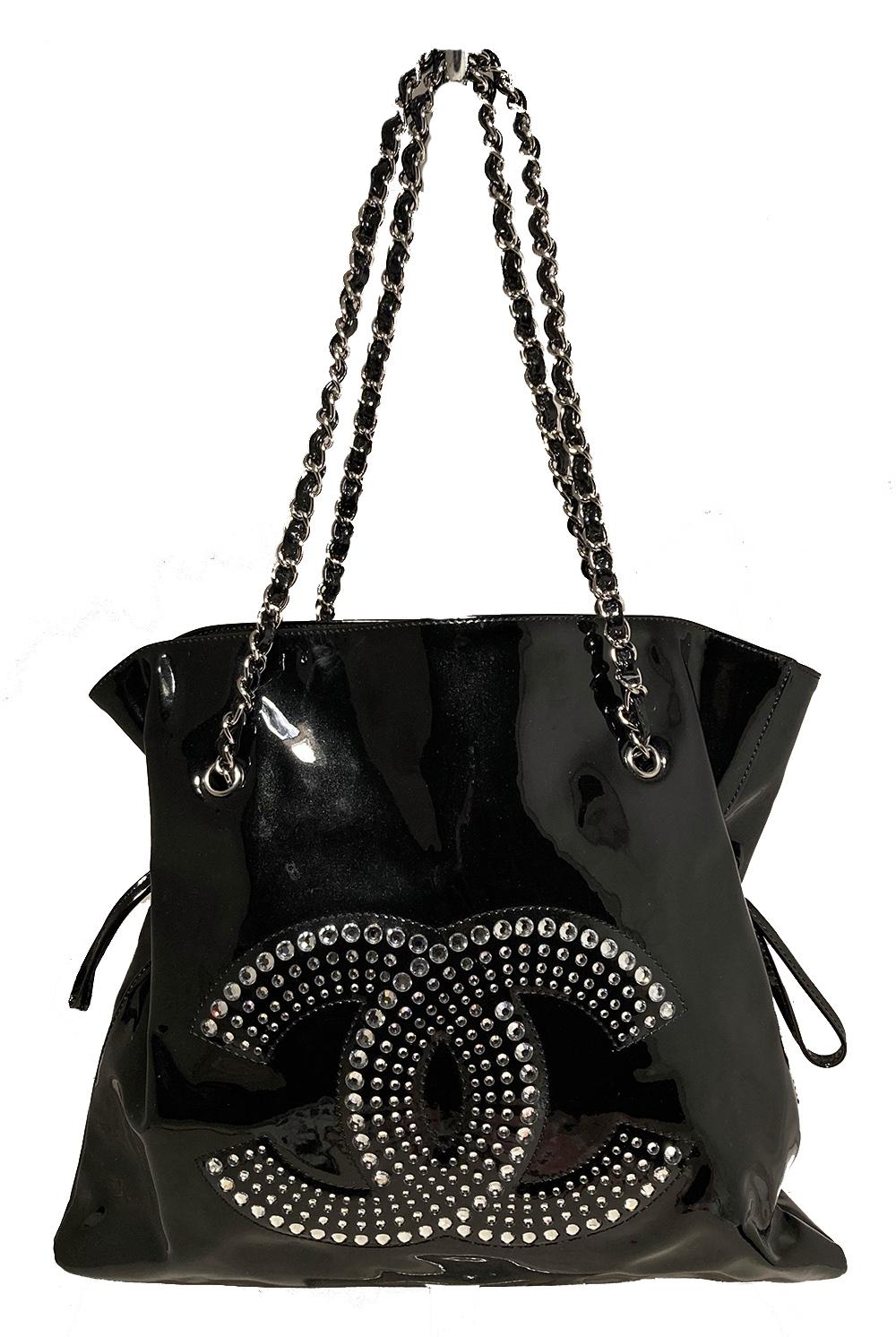 Chanel Black Patent Strass Crystal Bon Bon Logo Tote 4