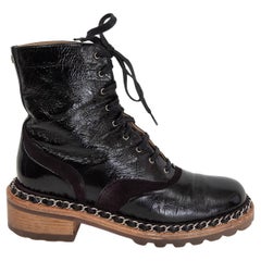 CHANEL black patent & suede 2015 SALZBURG Chain Boots Shoes 37