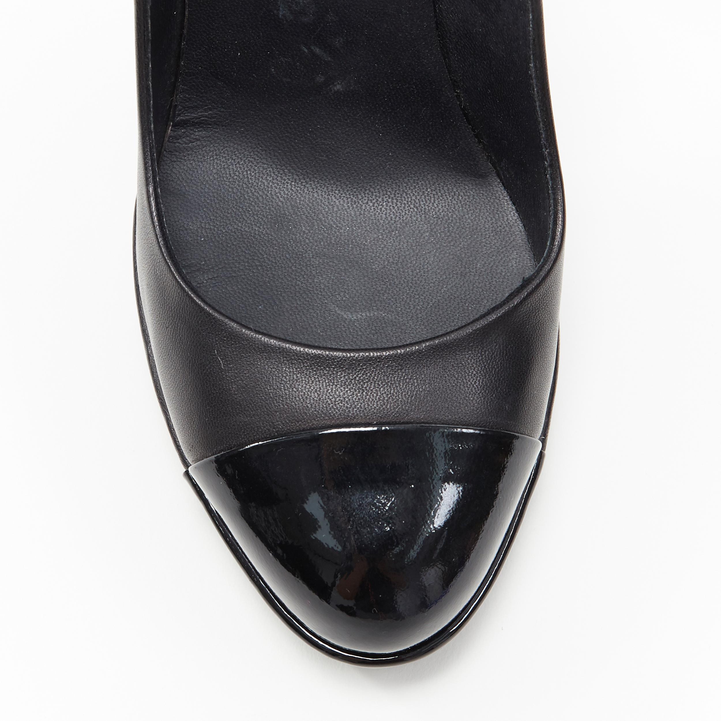 CHANEL black patent toe cap sculpted heel CC logo leather platform pump EU36 3