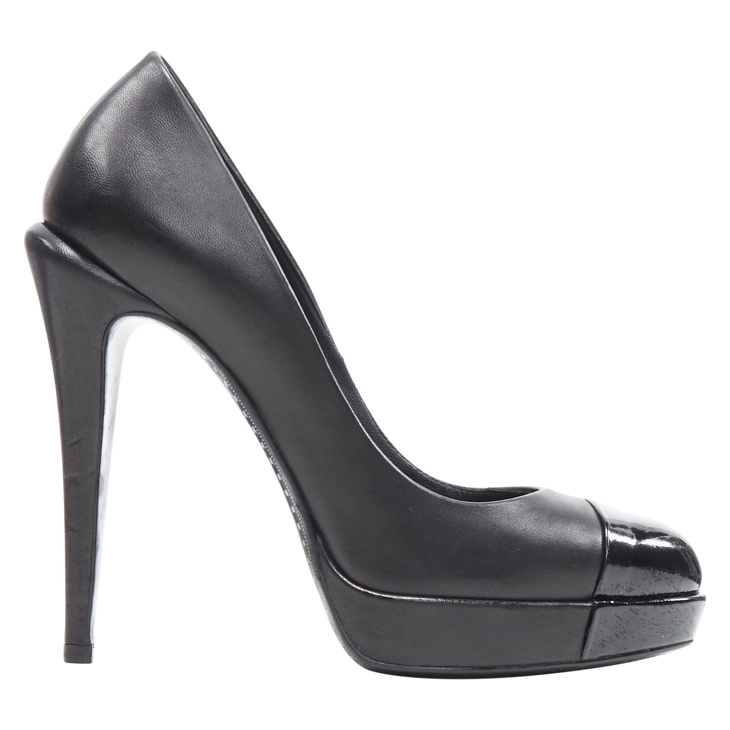 CHANEL black patent toe cap sculpted heel CC logo leather platform pump EU36