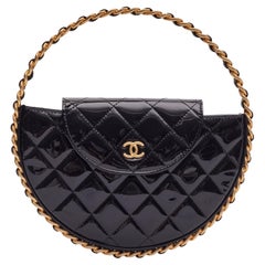 Chanel Black Patent Vernis Leather Bangle Chain Round Bag Medium