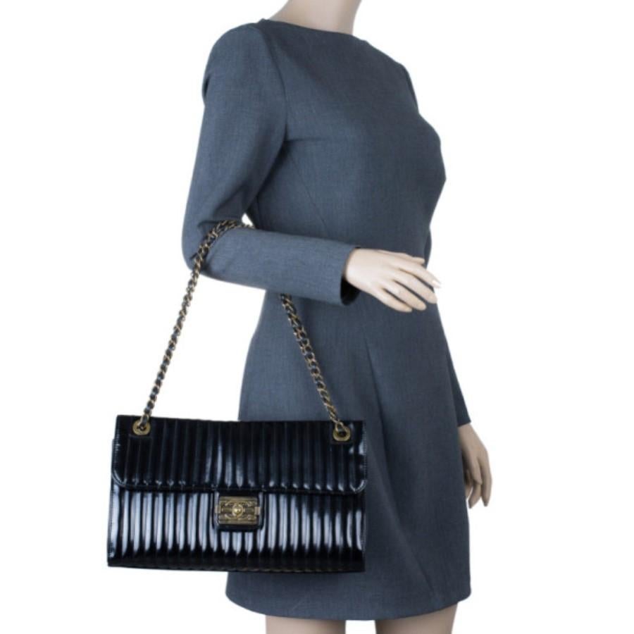 Chanel Black Patent Vertical Stripe Maharajah Flap Bag In Excellent Condition In Dubai, Al Qouz 2