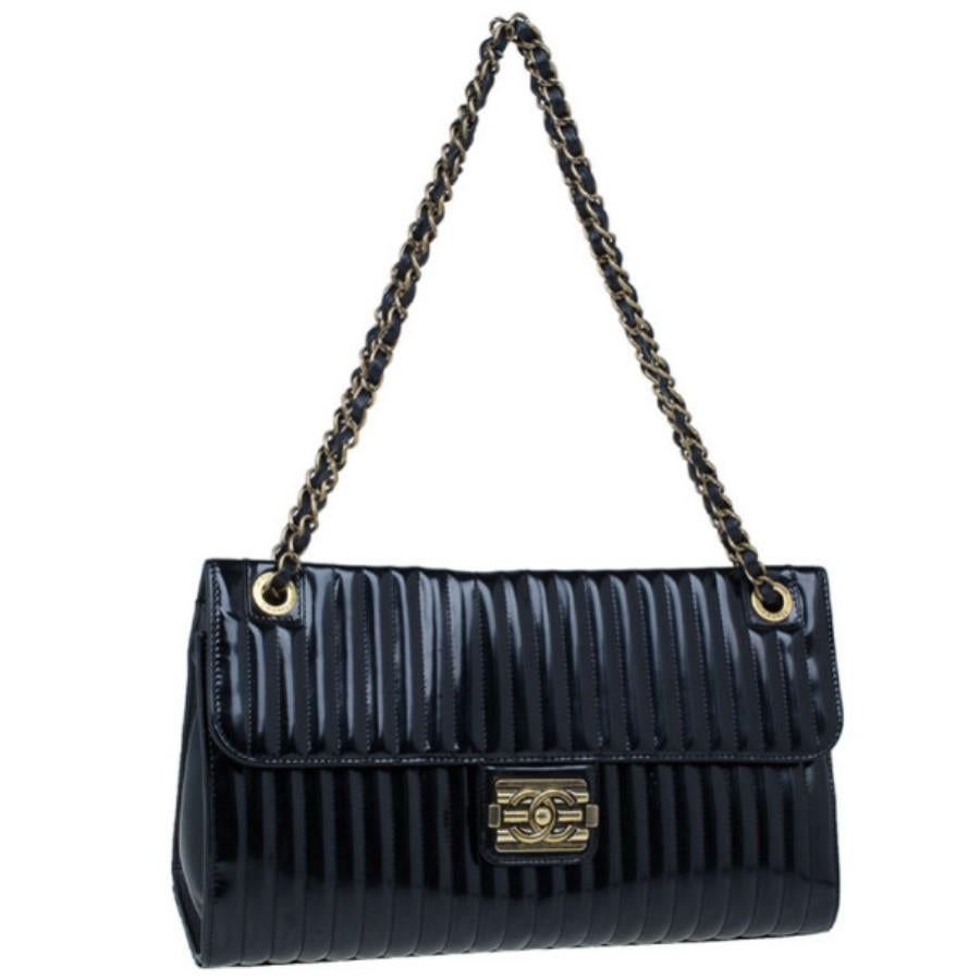 Women's Chanel Black Patent Vertical Stripe Maharajah Flap Bag