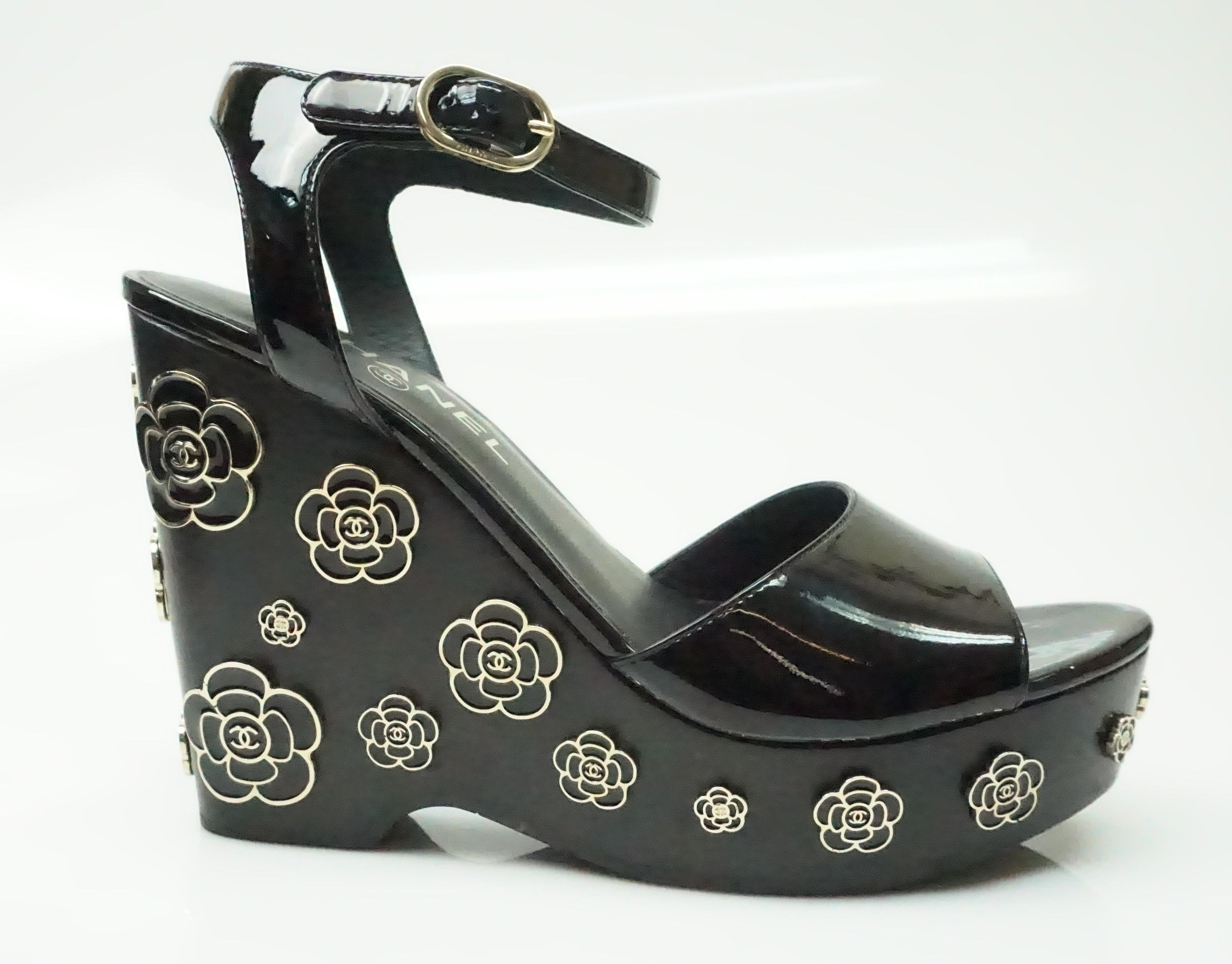 CHANEL Black Patent Wedge with Metal Camellias - 37.5 1
