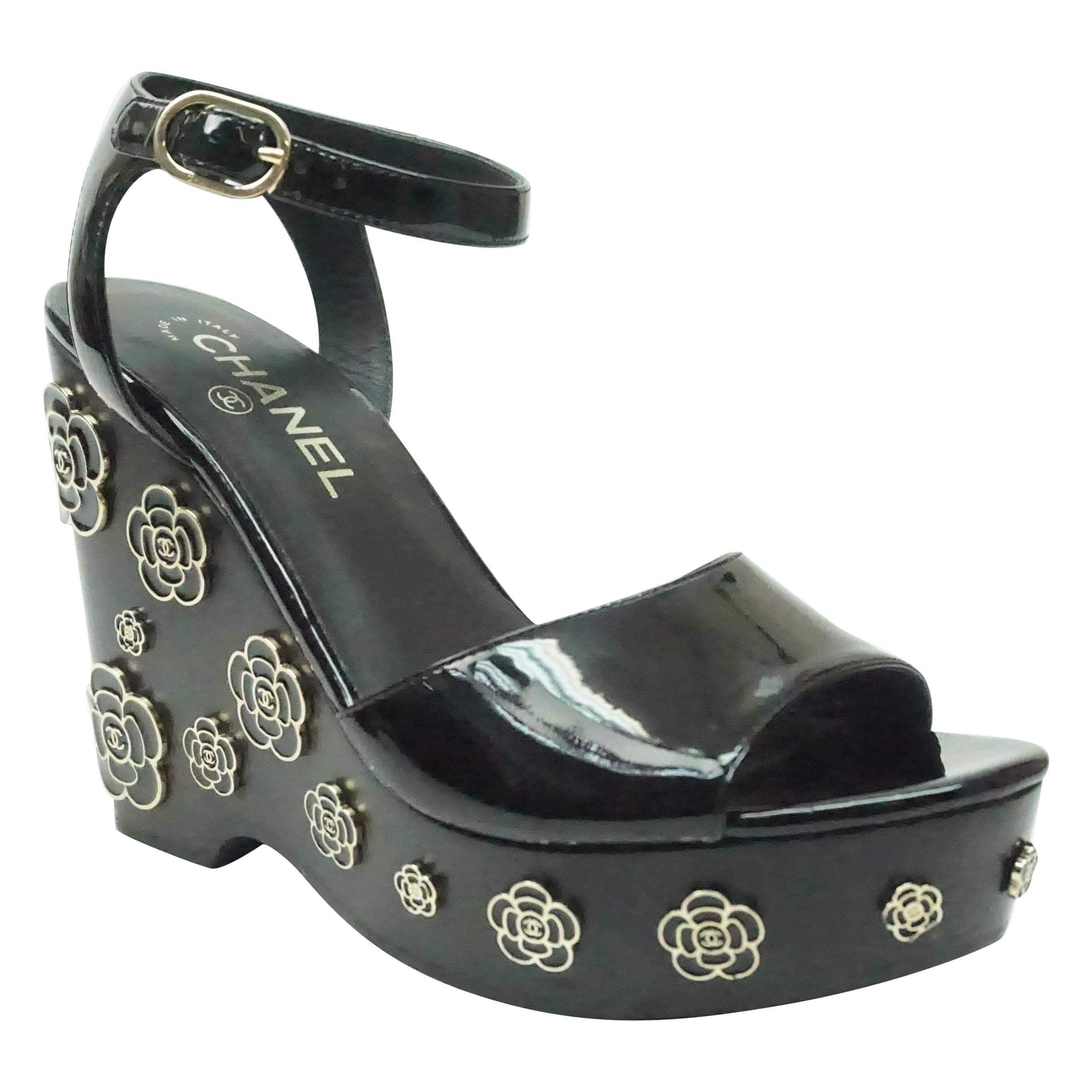 CHANEL Black Patent Wedge with Metal Camellias - 37.5