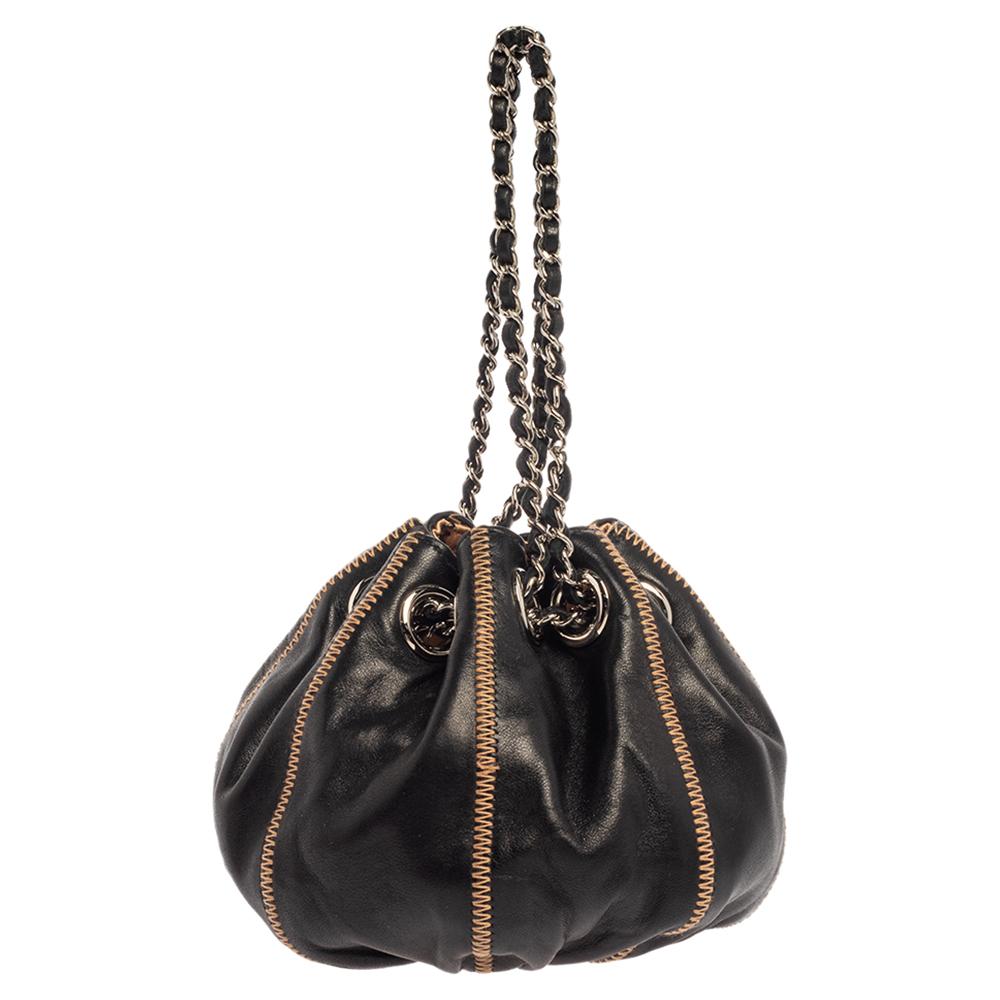 Women's Chanel Black/Peach Leather Reversible Drawstring Tassel Bag