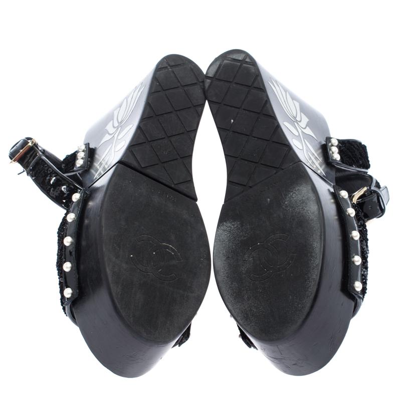 Women's Chanel Black Pearl Embellished Sequins Floral Platform Wedge Sandals Size 38.5