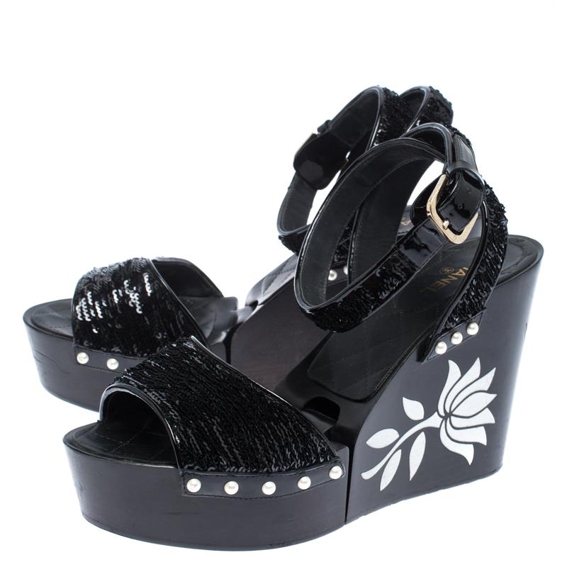 Chanel Black Pearl Embellished Sequins Floral Platform Wedge Sandals Size 38.5 1