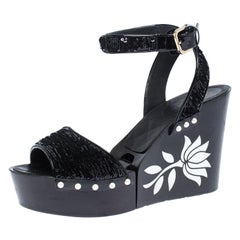 Chanel Black Pearl Embellished Sequins Floral Platform Wedge Sandals Size 38.5