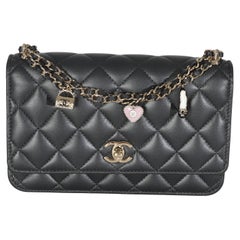 Chanel Black Pearly Quilted Lambskin Charms Wallet On Chain