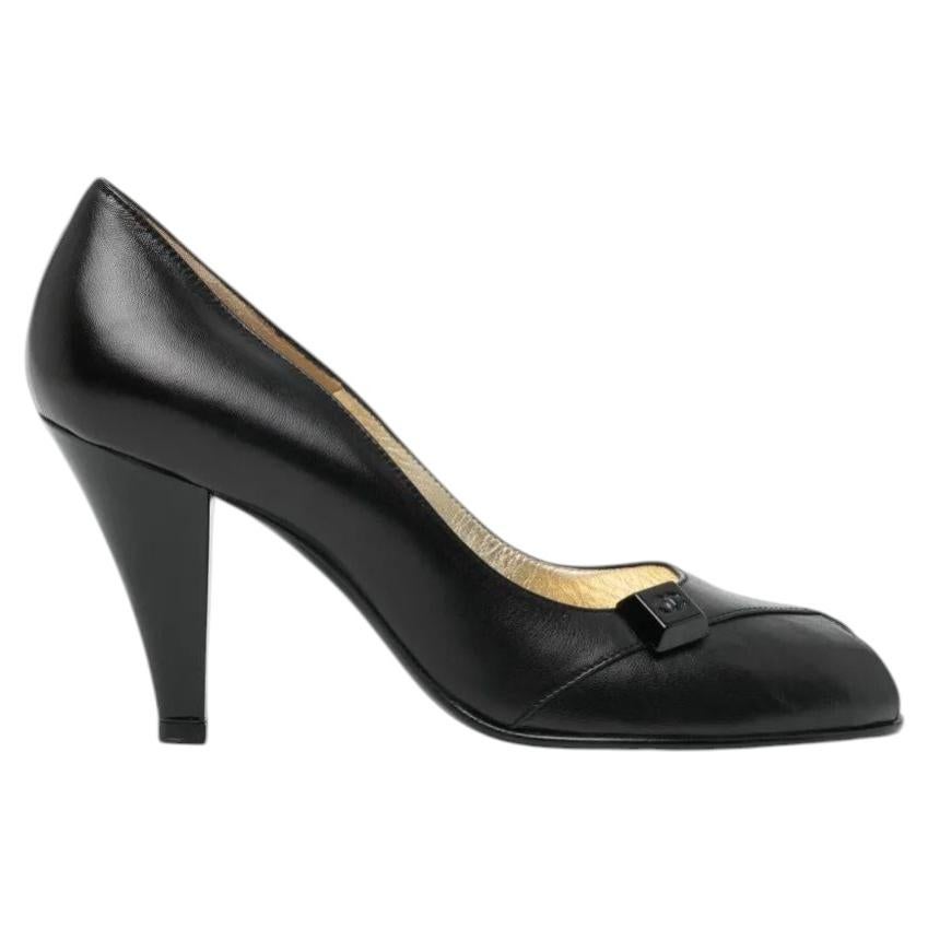 Chanel 2000s Black Peep-Toe Pumps with Logo, Women's Size 8cm Heel For Sale