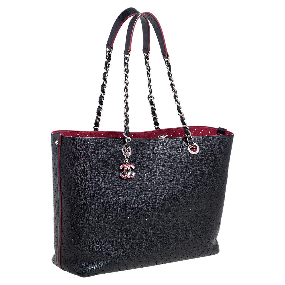 Chanel Black Perforated Caviar Leather Large Shopping Tote at