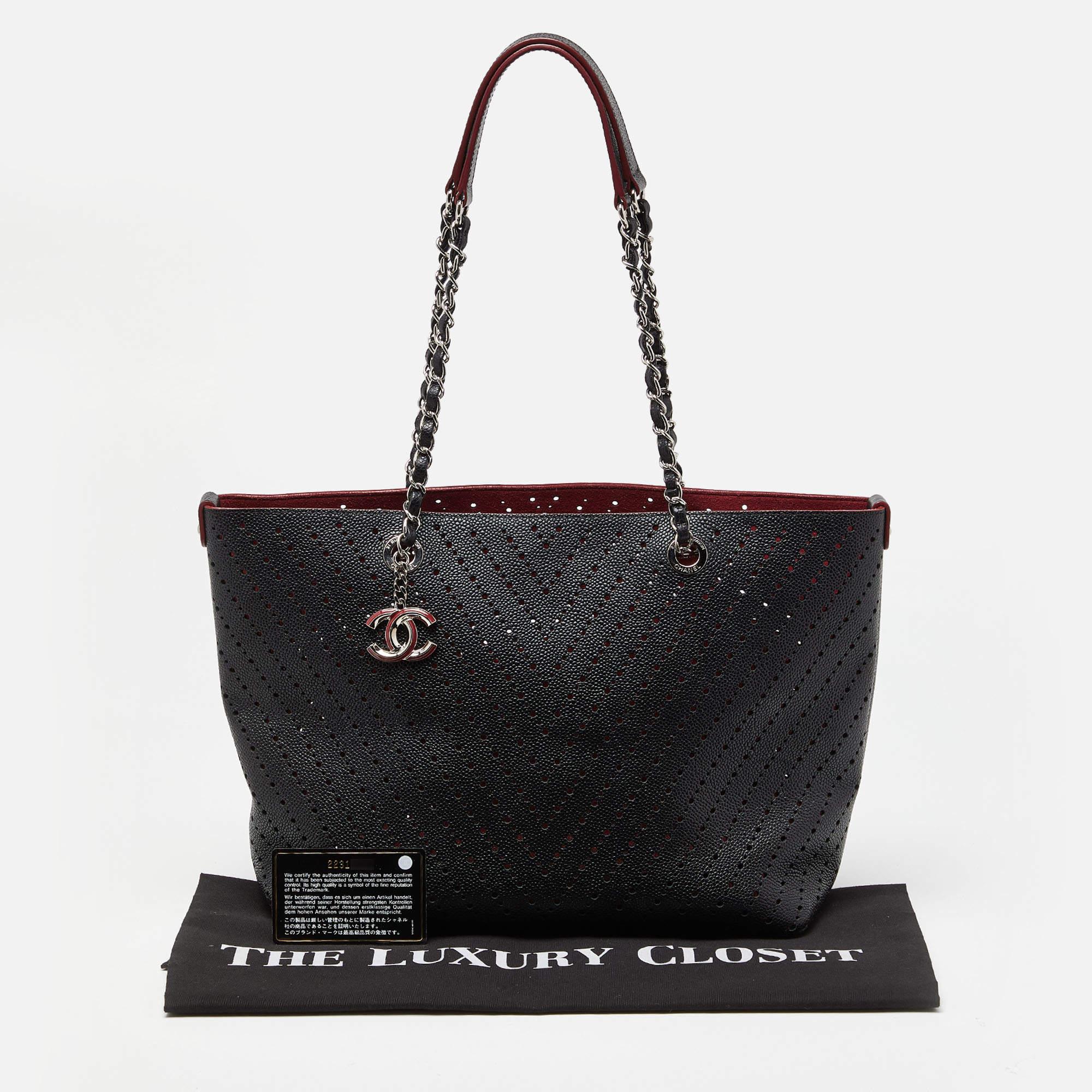 Chanel Black Perforated Caviar Leather Medium Shopper Tote For Sale 8