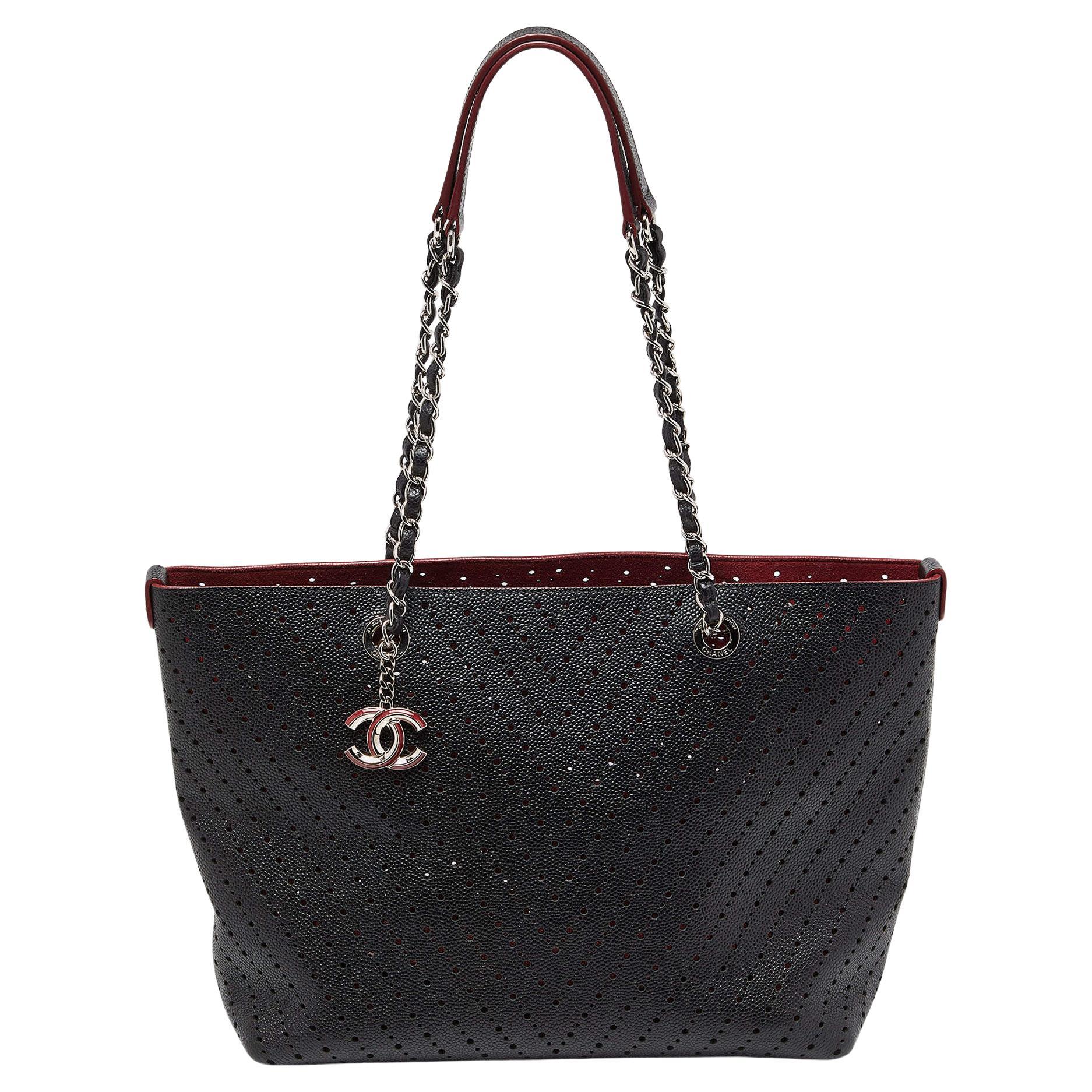 Chanel Black Perforated Caviar Leather Medium Shopper Tote For Sale