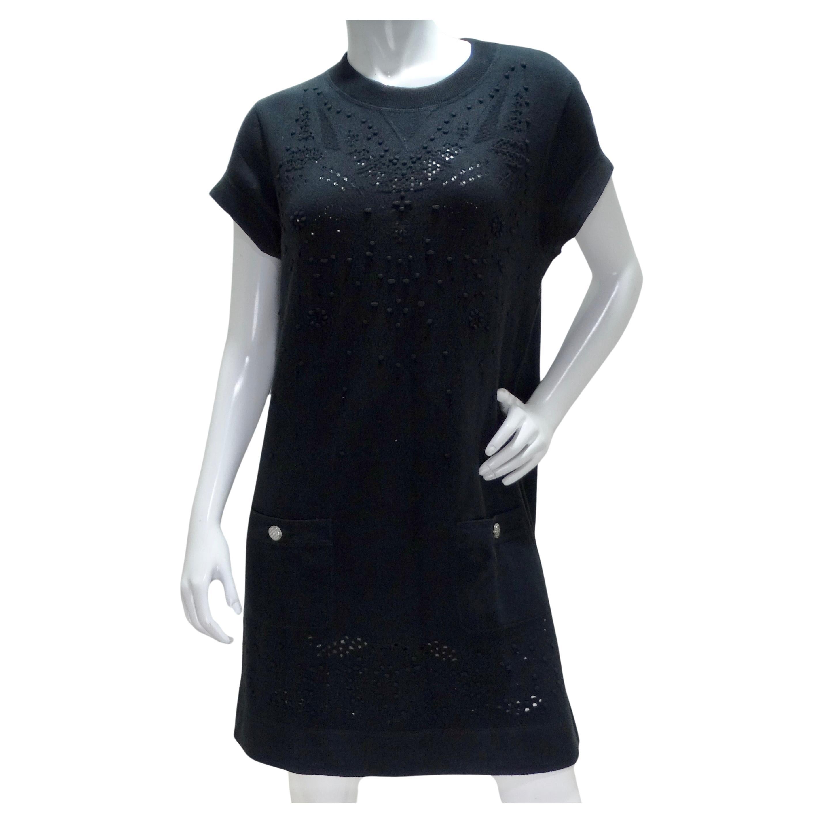 Chanel Black Perforated Knit Short Sleeve Dress For Sale