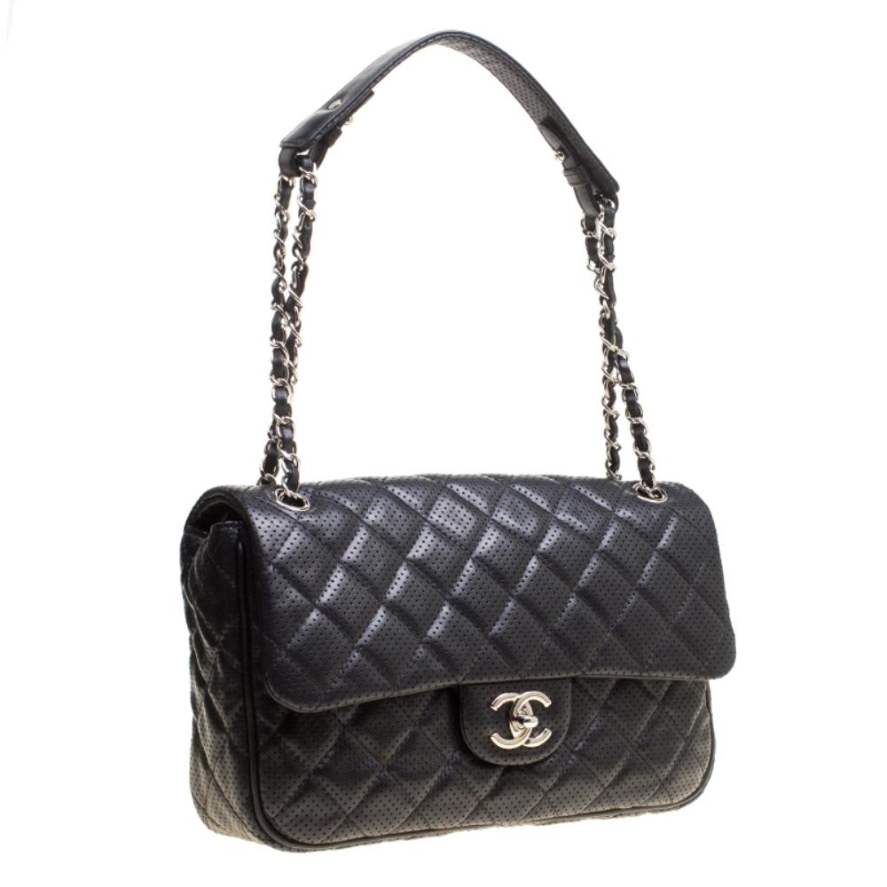 Women's Chanel Black Perforated Leather Flap Shoulder Bag