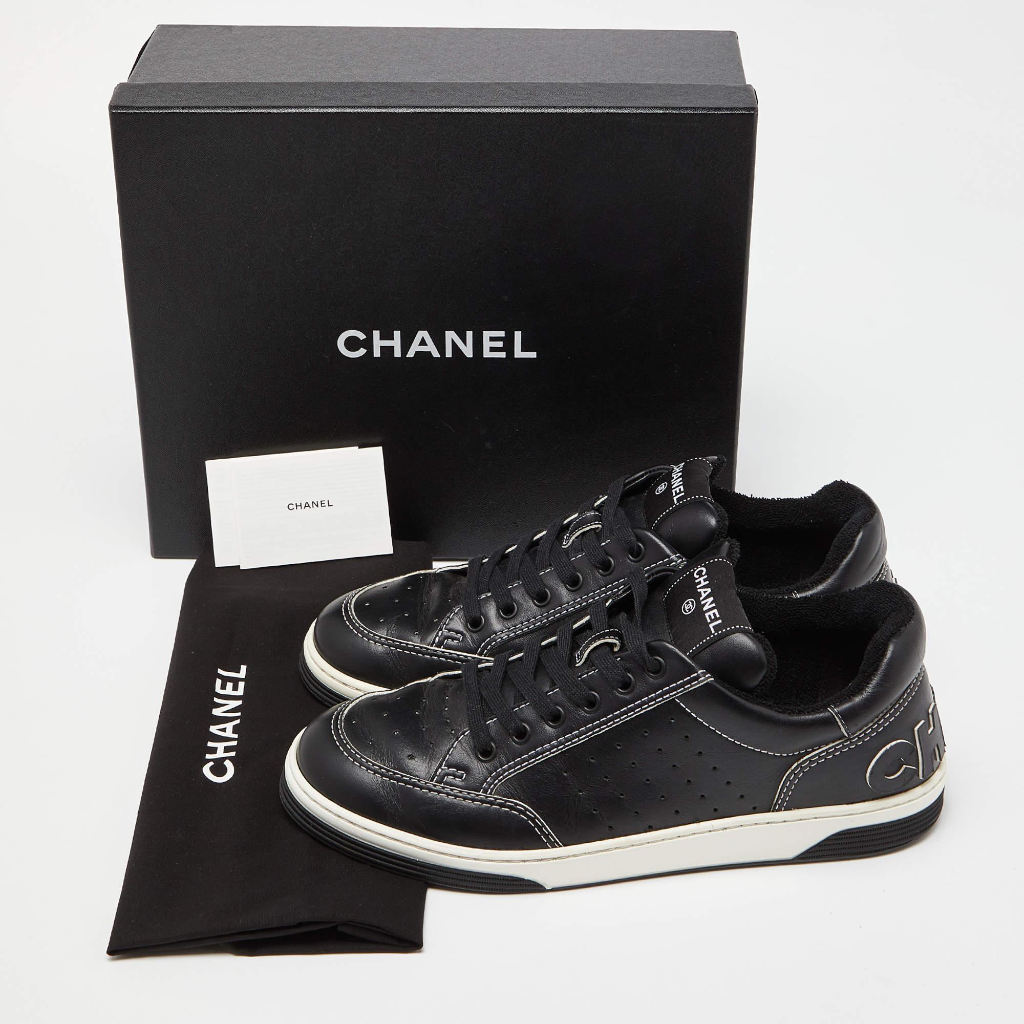 Chanel Black Perforated Leather Logo Low Top Sneakers Size 42 1