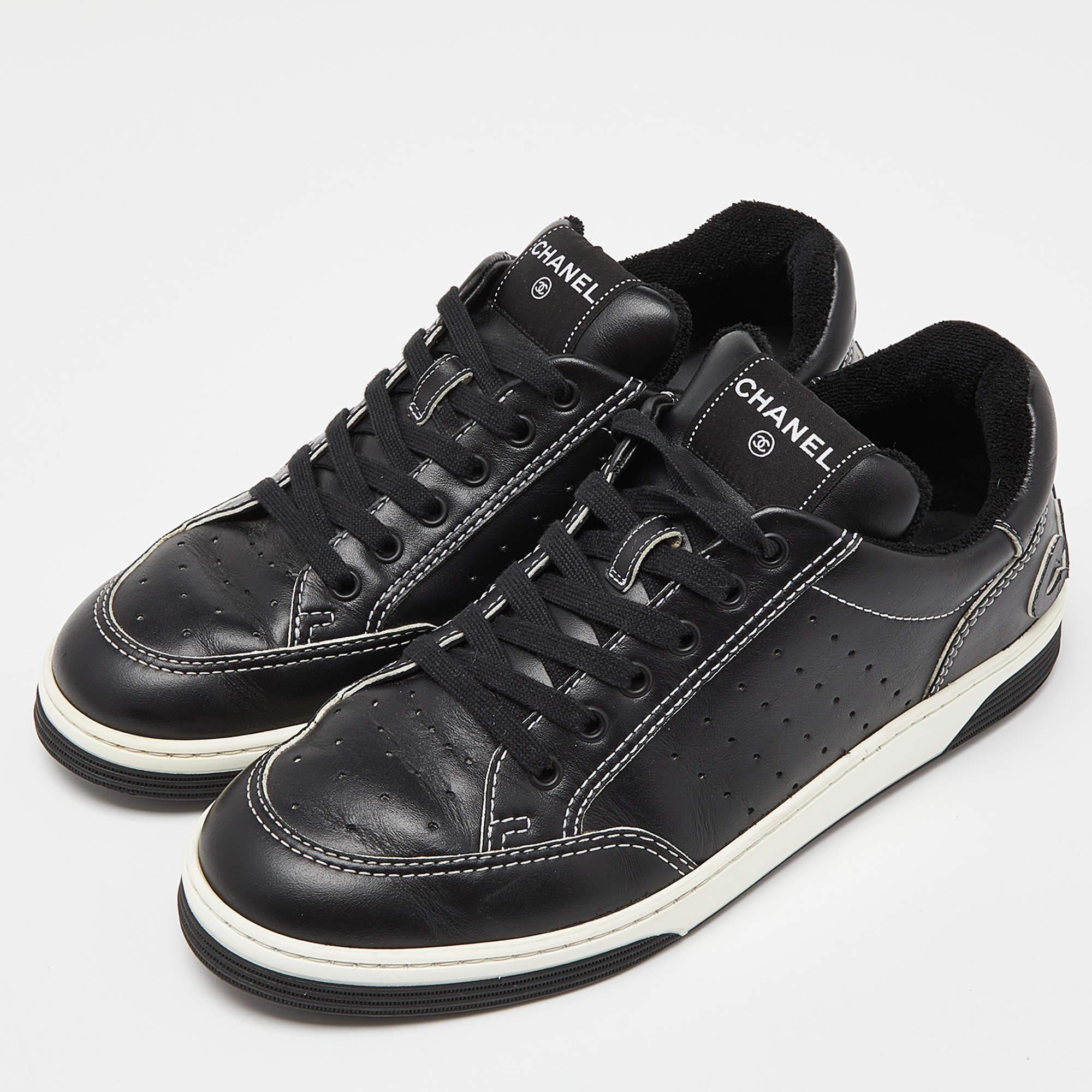 Chanel Black Perforated Leather Logo Low Top Sneakers Size 42 2