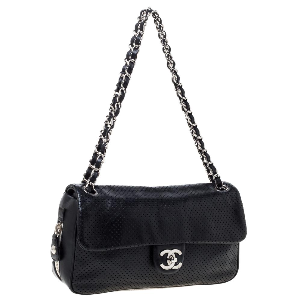Chanel Black Perforated Leather Medium Baseball Spirit Flap Bag In Good Condition In Dubai, Al Qouz 2
