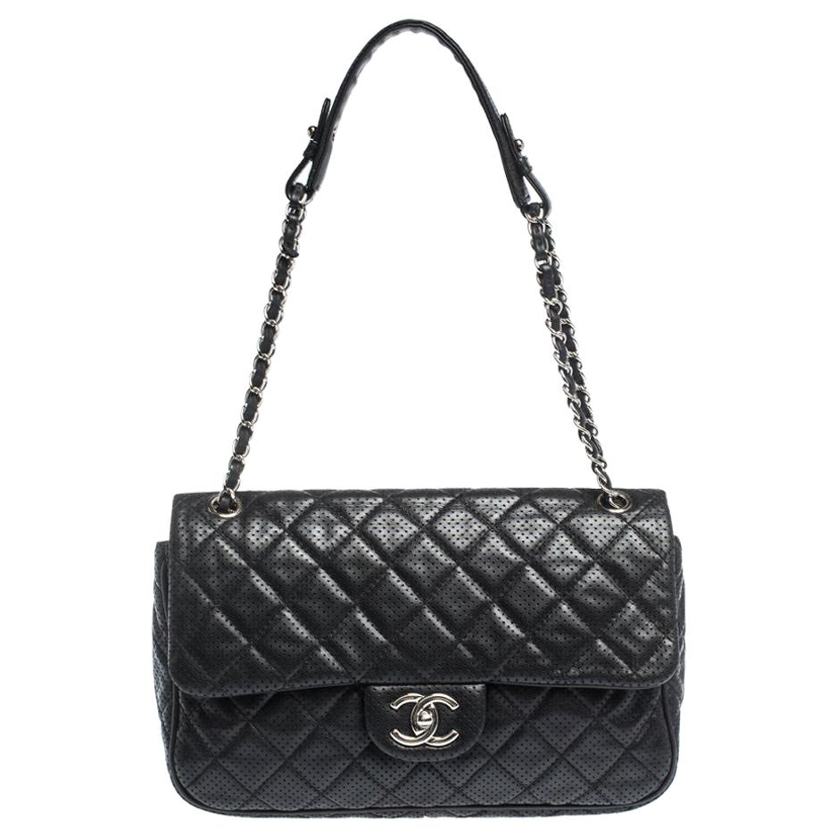 Chanel Black Perforated Leather Punch Flap Shoulder Bag For Sale at 1stDibs