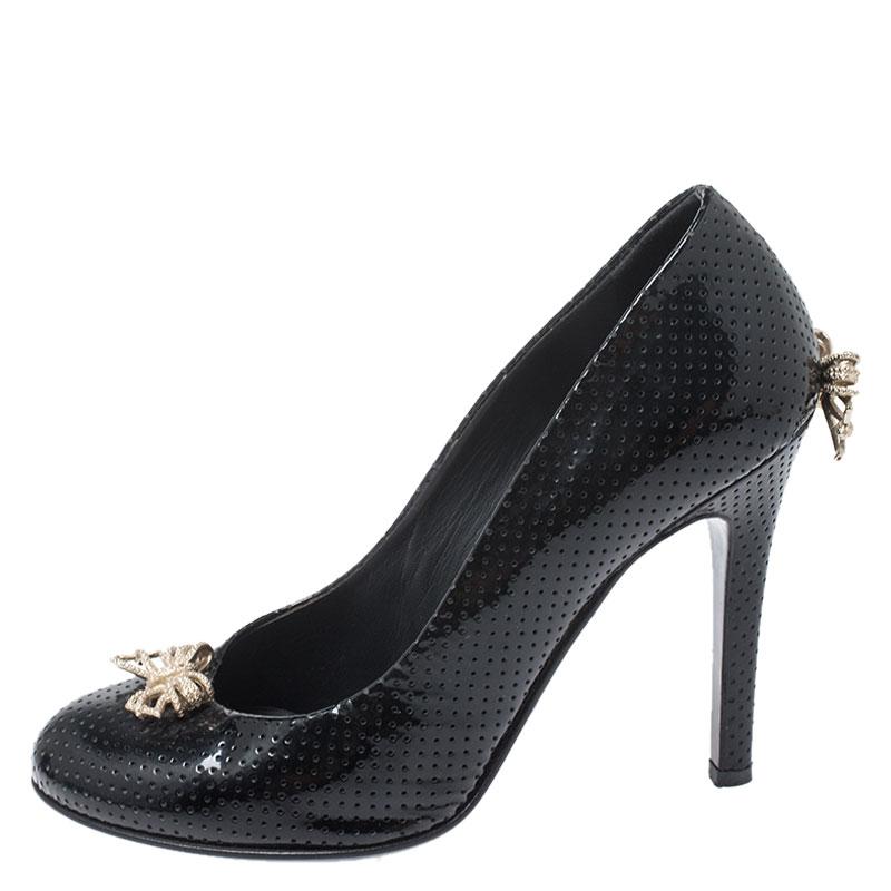 Chanel Black Perforated Patent Leather Bow Pumps Size 38 1