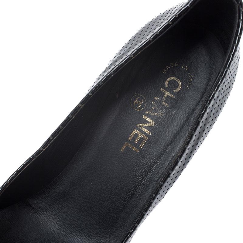 Chanel Black Perforated Patent Leather Bow Pumps Size 38 2