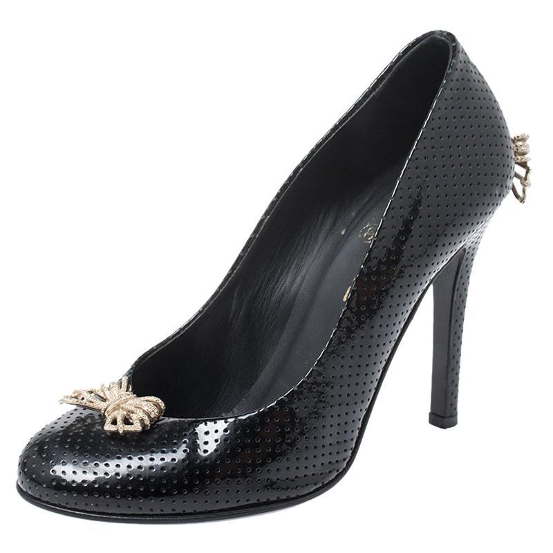 Chanel Black Perforated Patent Leather Bow Pumps Size 38