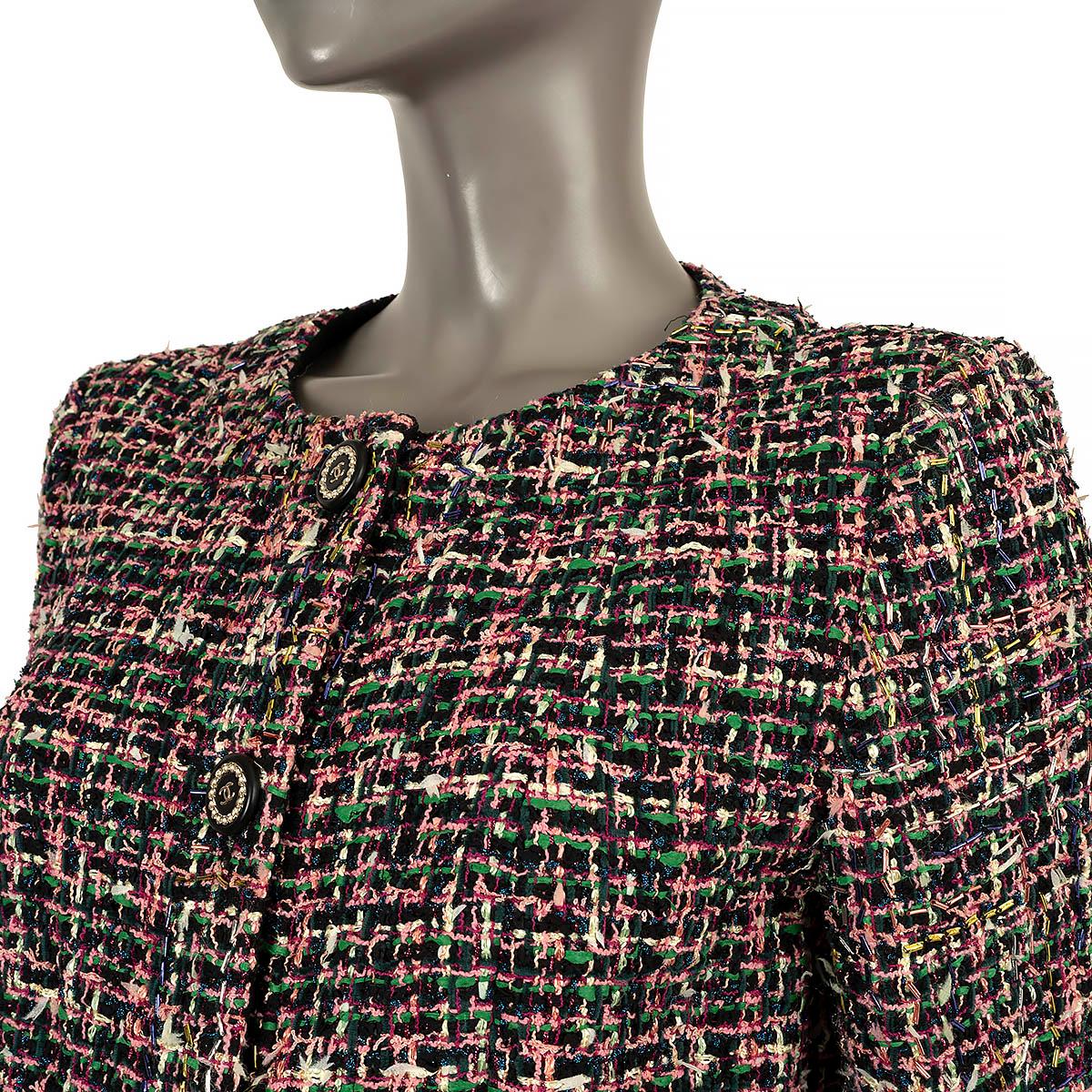 CHANEL black & pink 2019 19P COLLARLESS BEADED TWEED Jacket 40 M For Sale 2