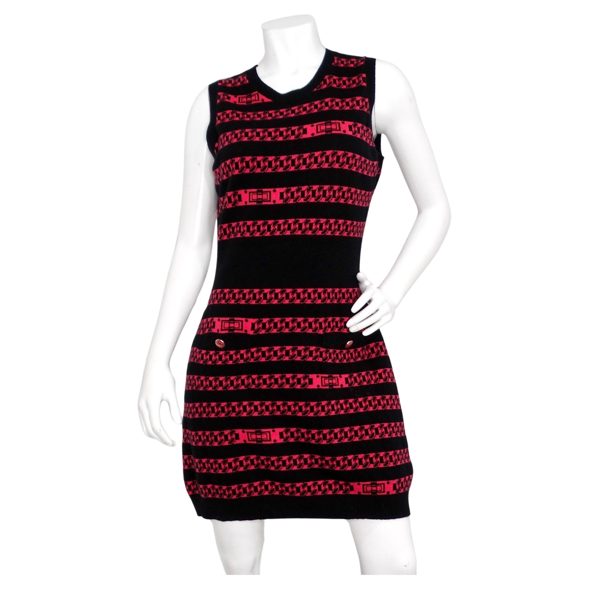 Chanel Black & Pink Chain Link Pattern Cashmere Sleeveless Mini Dress For Sale