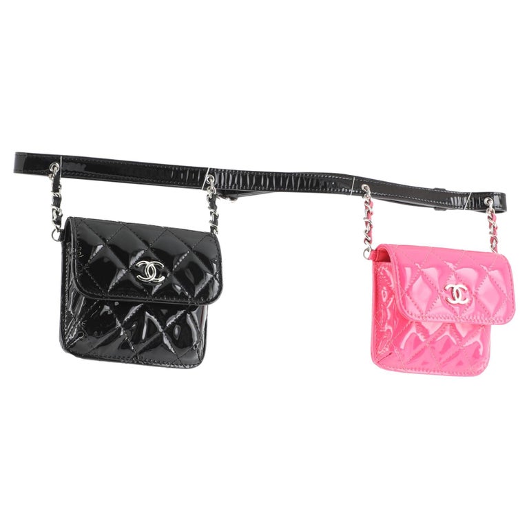 Chanel Black Pink Quilted Patent Mini CC Double Chain Waist Bag