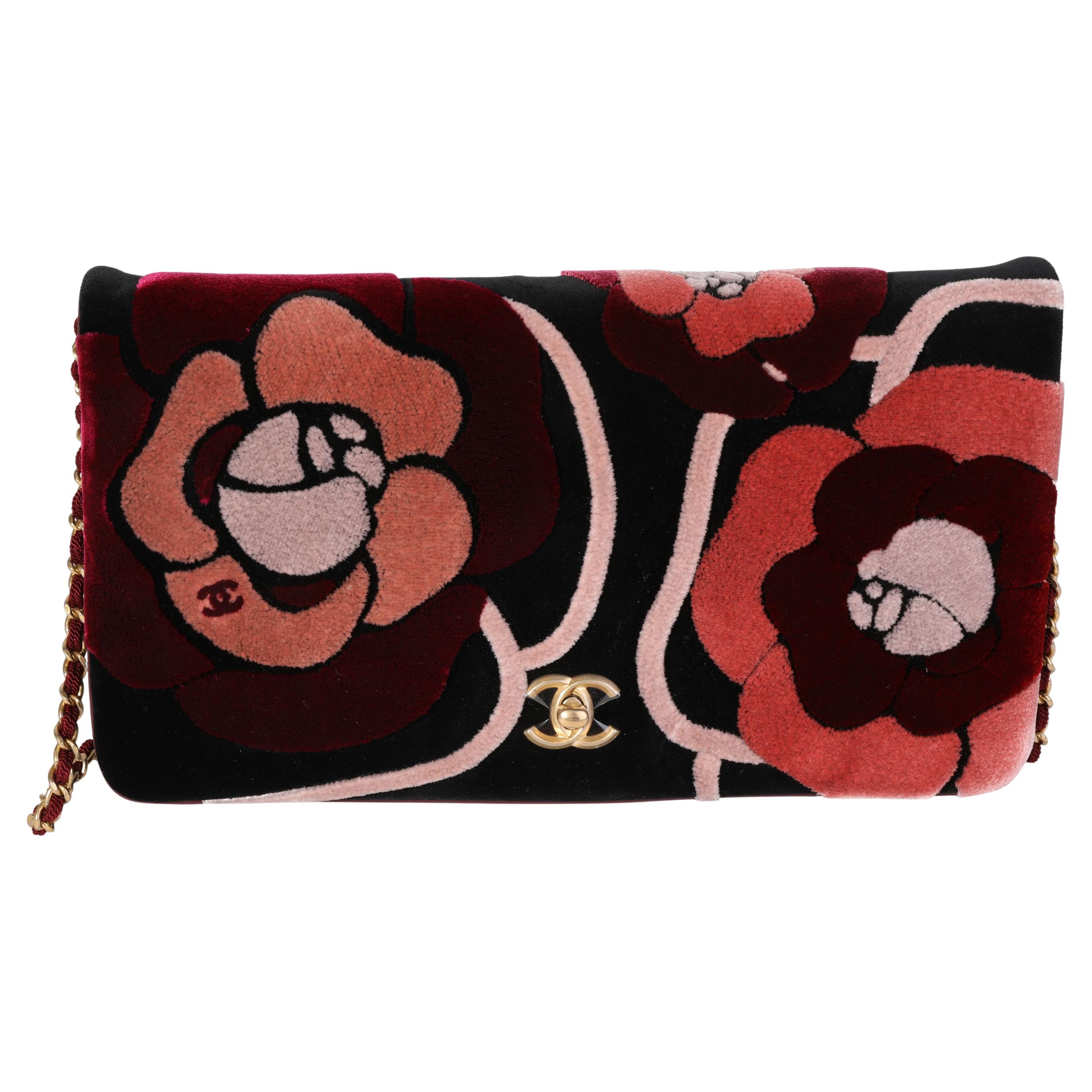 Chanel Black, Pink, & Red Velvet Camellia Clutch with Chain