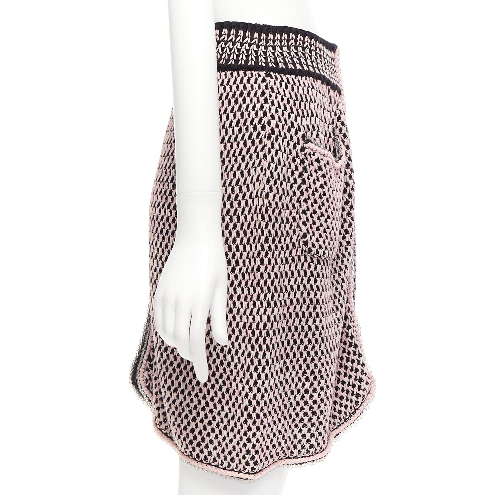 Gray CHANEL black pink silk cotton blend tweed knit rubber braid trim skirt FR36 S For Sale