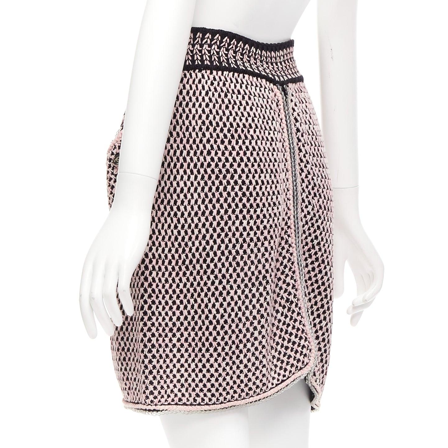 Women's CHANEL black pink silk cotton blend tweed knit rubber braid trim skirt FR36 S For Sale