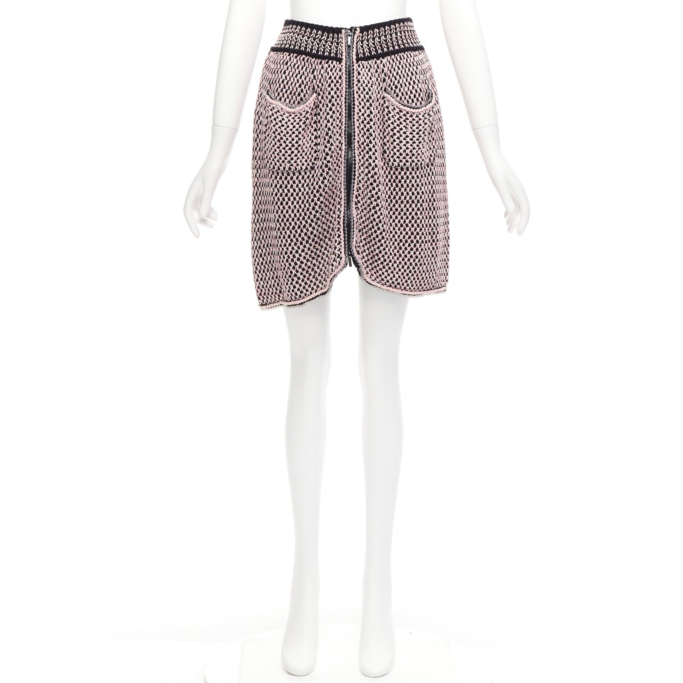 CHANEL black pink silk cotton blend tweed knit rubber braid trim skirt FR36 S For Sale 4