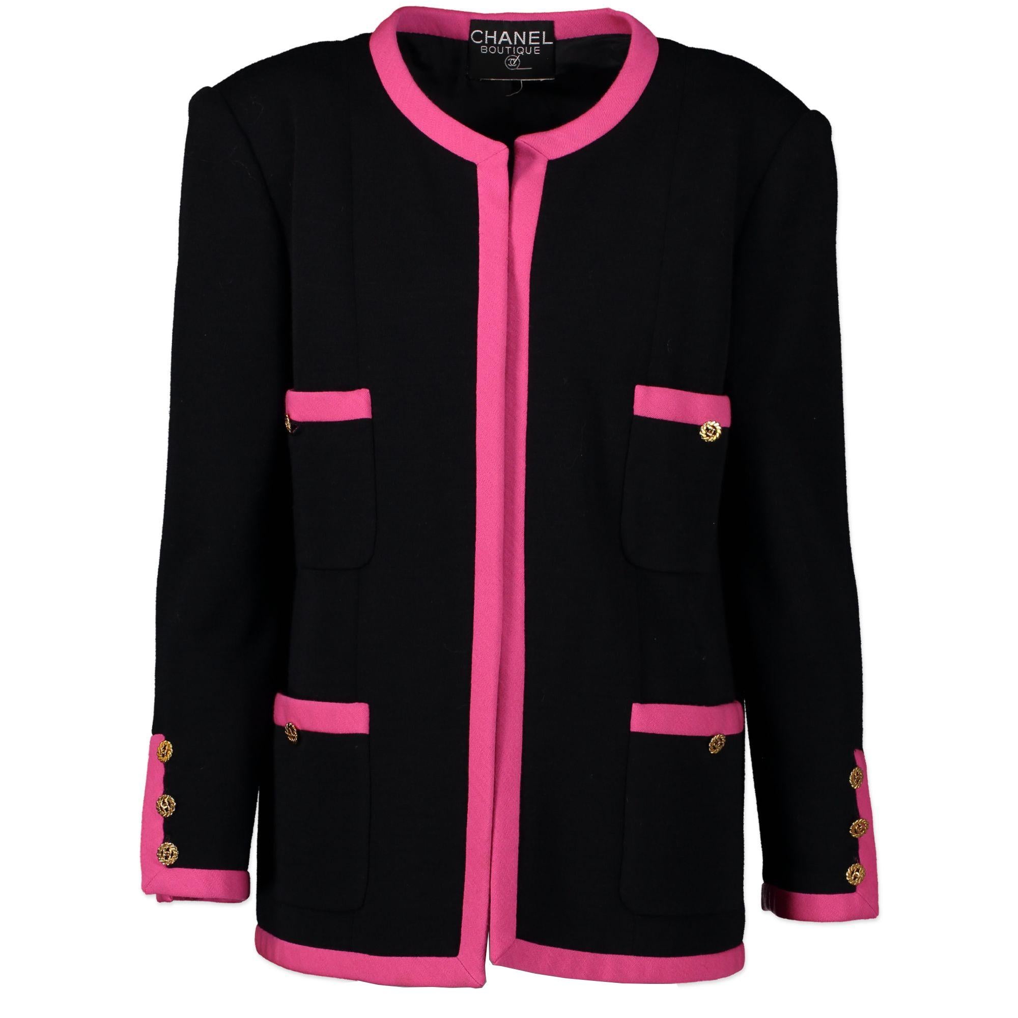 pink blazer black trim