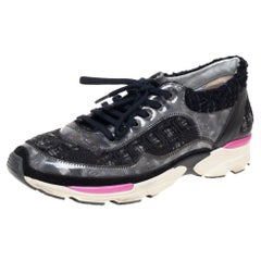 Chanel Black/Pink Tweed And PVC CC Low Top Sneakers Size 39