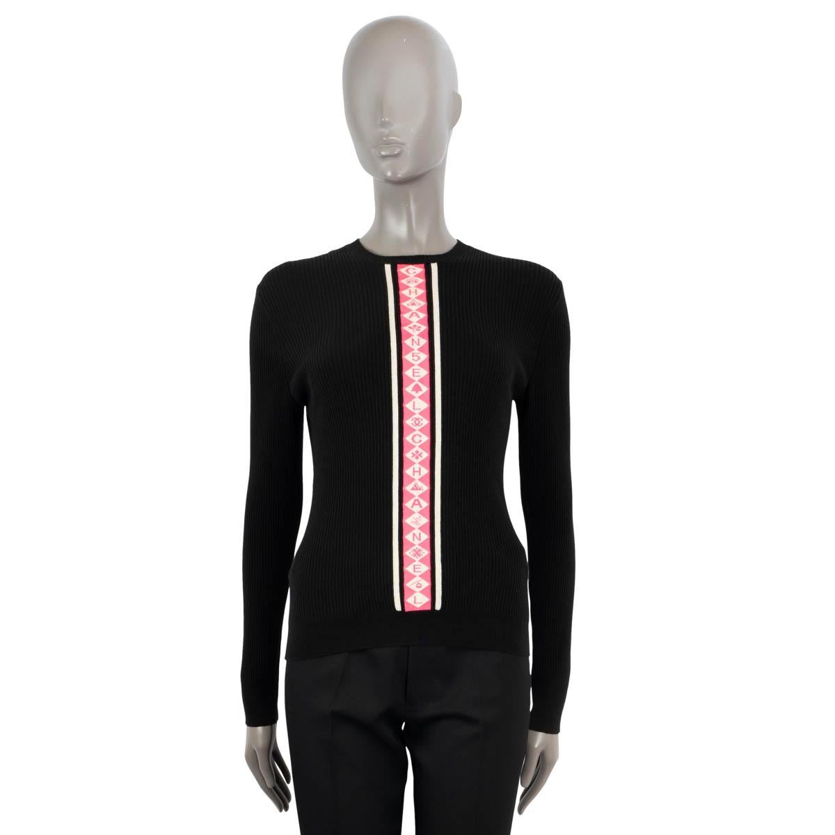 Women's CHANEL black & pink wool 2019 19B LOGO STRIPE RIB KNIT Sweater 40 M For Sale