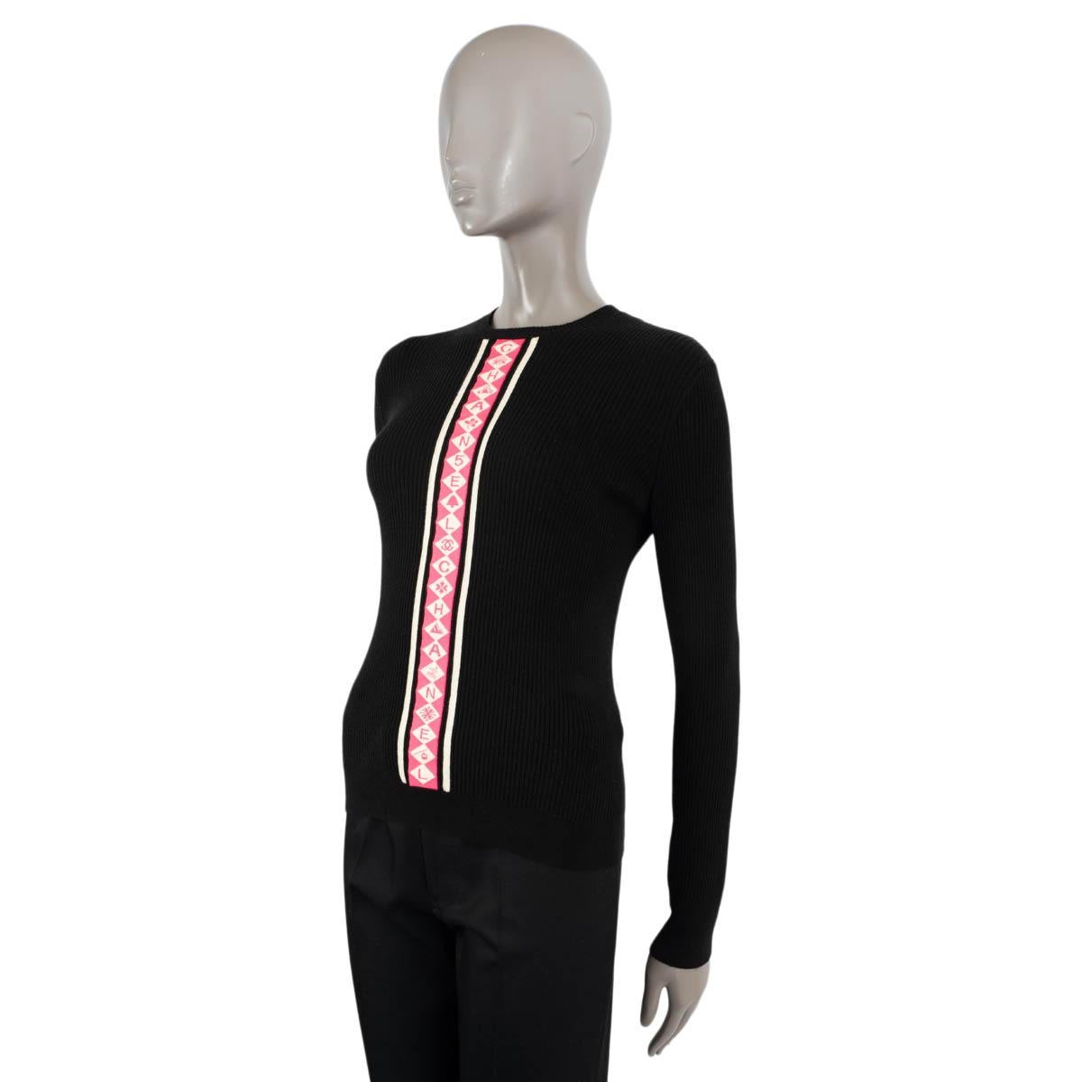 CHANEL black & pink wool 2019 19B LOGO STRIPE RIB KNIT Sweater 40 M For Sale 1