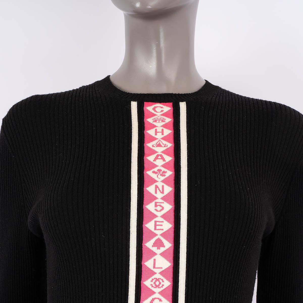 CHANEL black & pink wool 2019 19B LOGO STRIPE RIB KNIT Sweater 40 M For Sale 3