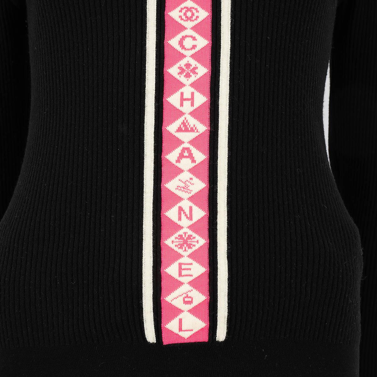 CHANEL black & pink wool 2019 19B LOGO STRIPE RIB KNIT Sweater 40 M For Sale 4