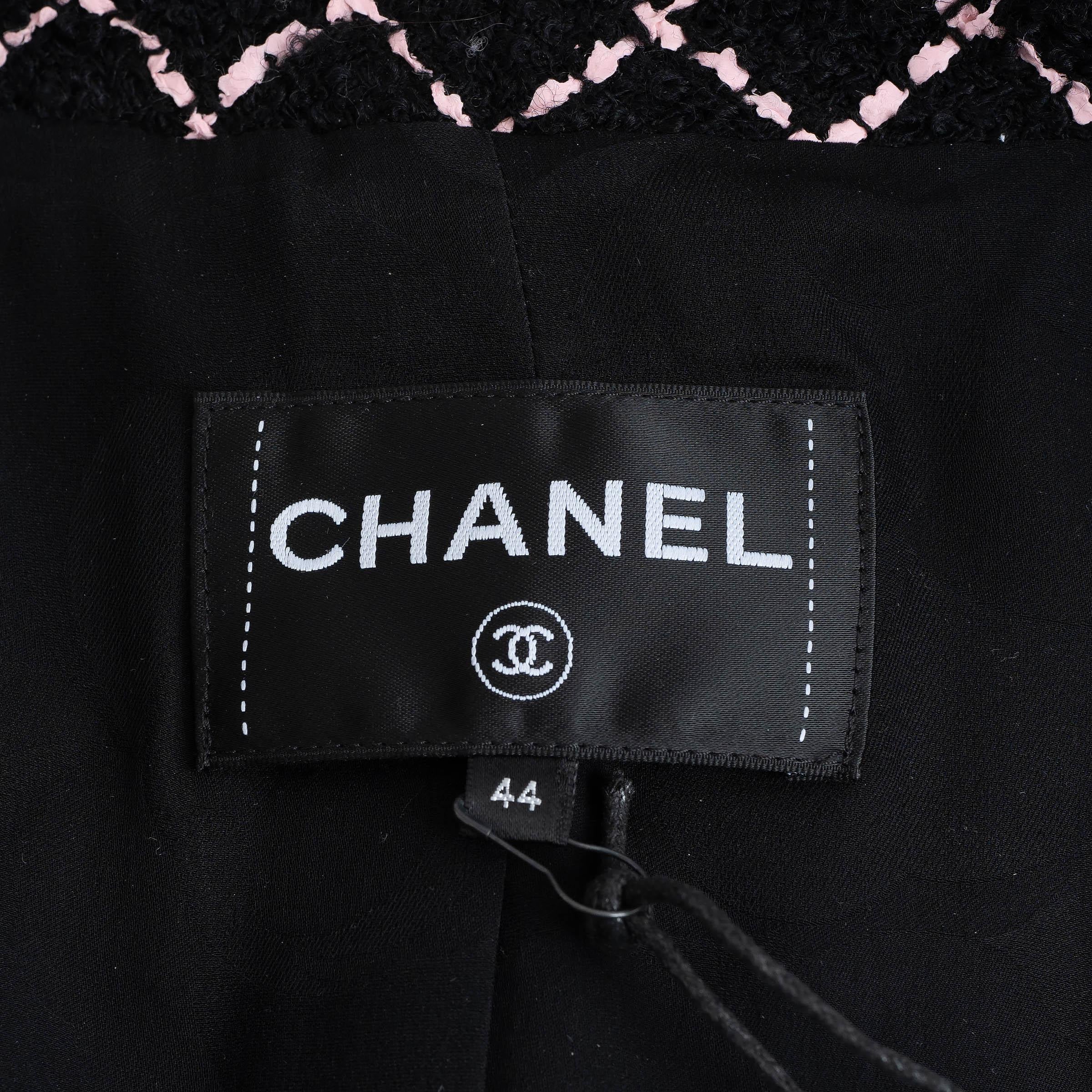 CHANEL negro y rosa mezcla de lana 23K TWEED Chaqueta 44 L en venta 2