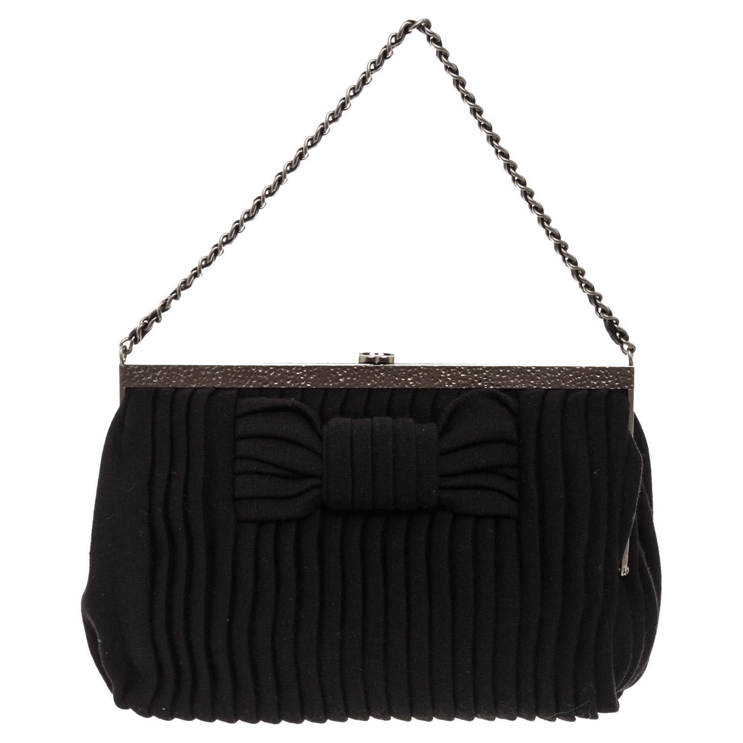 Chanel Black Pleated Canvas Bow Motif CC Party Handbag